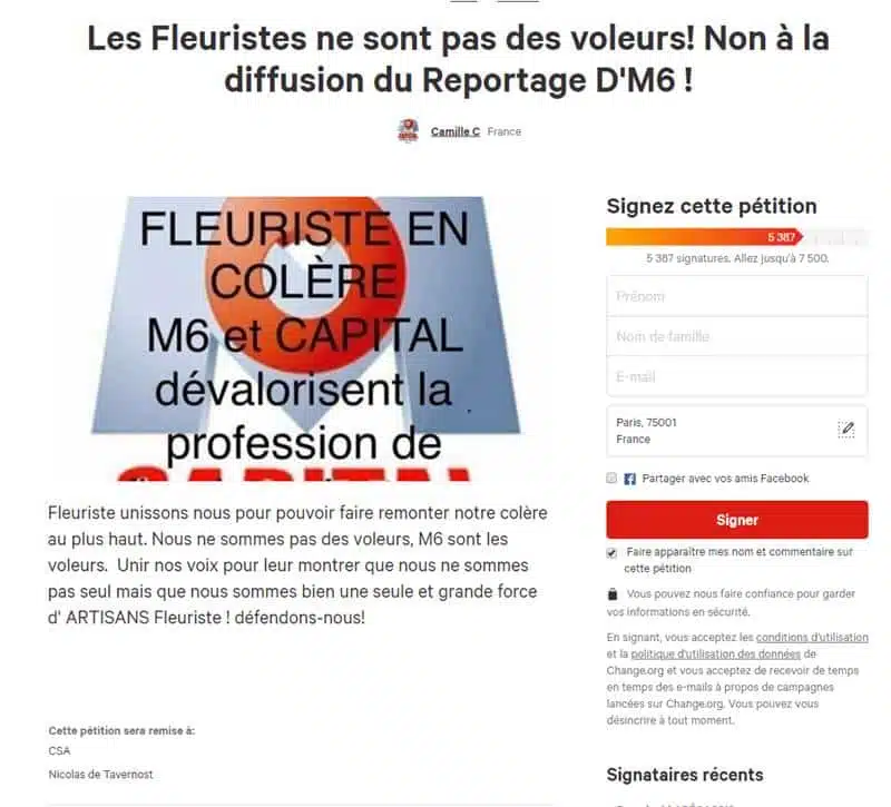 Pétition · CSA Les Fleuristes ne sont pas des voleurs Non à la diffusion du Reportage D M6 · Change org JAF-info Fleuriste