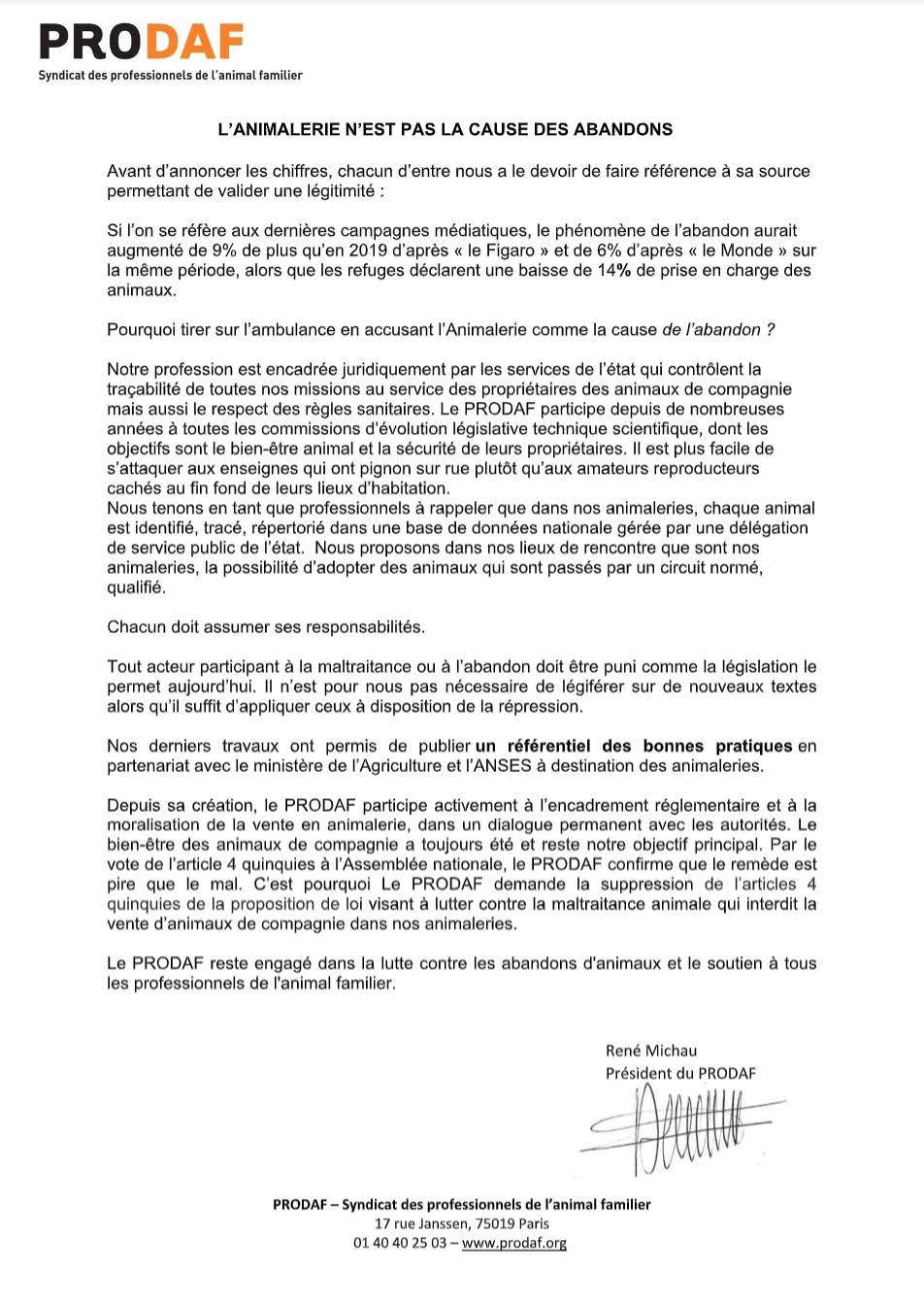 Loi traitant la lutte contre la maltraitance animale - le PRODAF réagit : L’animalerie n’est pas la cause de l’abandon !