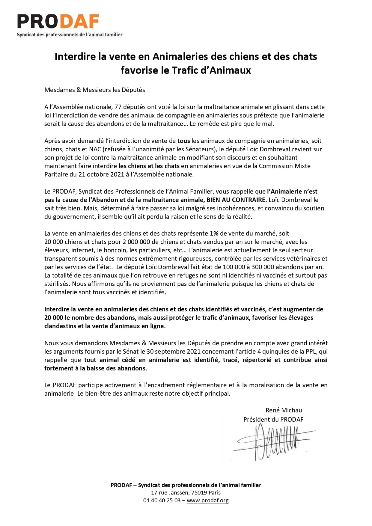 Loi traitant la lutte contre la maltraitance animale – Lettre ouverte du PRODAF aux membres de la Commission Mixte Paritaire - Interdire la vente en Animaleries des chiens et des chats favorise le Trafic d’Animaux