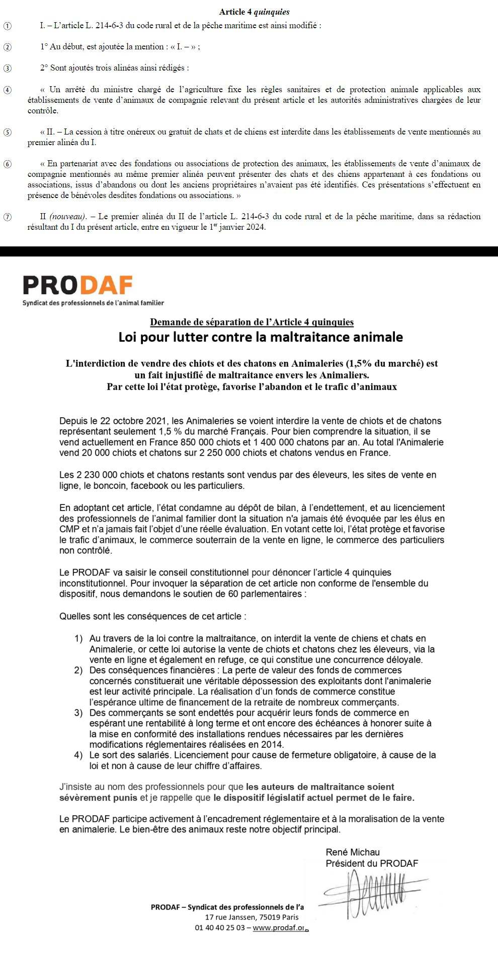 Loi traitant la lutte contre la maltraitance animale – Lettre ouverte du PRODAF aux 60 parlementaires pour dénoncer le projet de loi au Conseil Constitutionnel